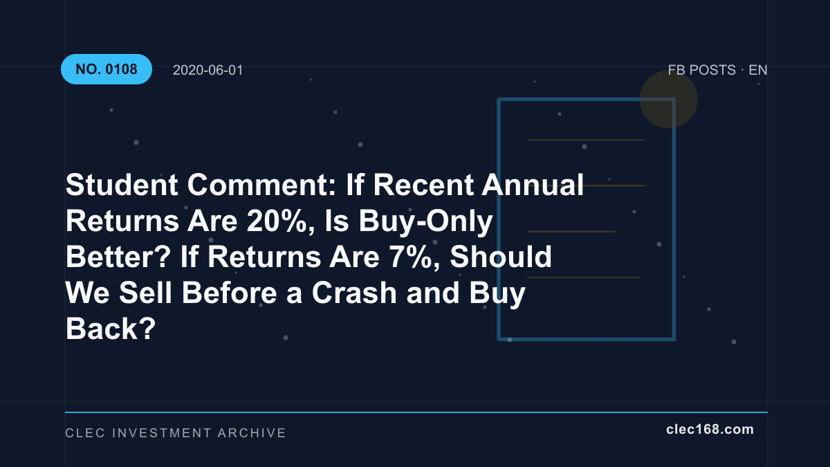 Student Comment: If Recent Annual Returns Are 20%, Is Buy-Only Better? If Returns Are 7%, Should We Sell Before a Crash and Buy Back? Student Comment: If Recent Annual Returns Are 20%, Is Buy-Only Better? If Returns Are 7%, Should We Sell Before a Crash and Buy Back?