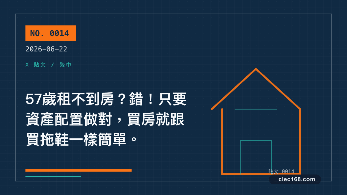 57歲租不到房?錯!只要資產配置做對,買房就跟買拖鞋一樣簡單。 57歲租不到房?錯!只要資產配置做對,買房就跟買拖鞋一樣簡單。